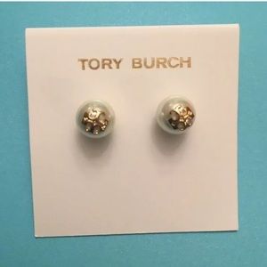 Tory Burch Evie Logo Pearl Stud Earrings